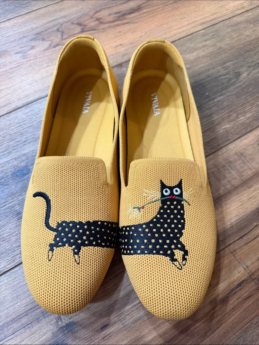 Vivaia Mustard Yellow Knit Slip-Ons with Black Cat Embroidery